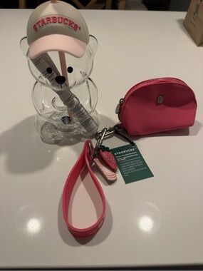 Starbucks Bundle Strawberry Bearista Cup and Wristlet Pouch with Charm Keyring